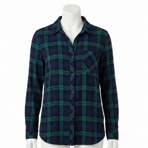 BeachLunchLounge Plaid Button Down Shirt XL Navy Green Soft Flannel Long Sleeve